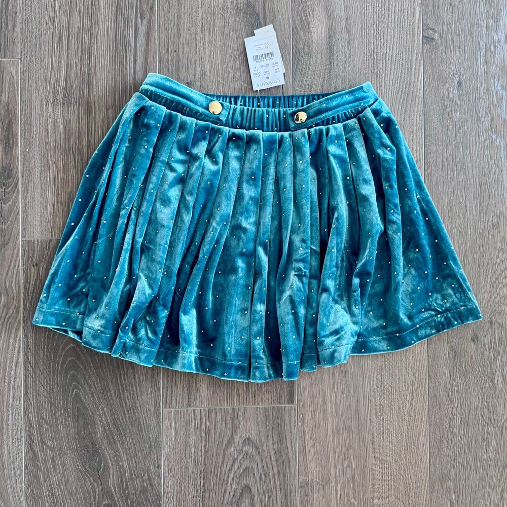 JCrew pleated studded velvet skirt pull on holiday festive  green gold Girls 8